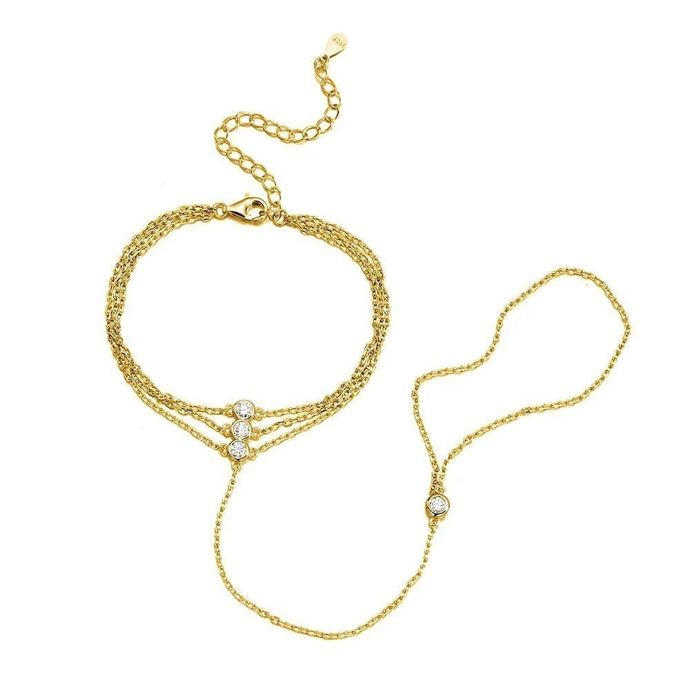 Bee-Bees 18k gold plated sterling silver adjustable hand chain bracelet with three 3mm moissanite stones.