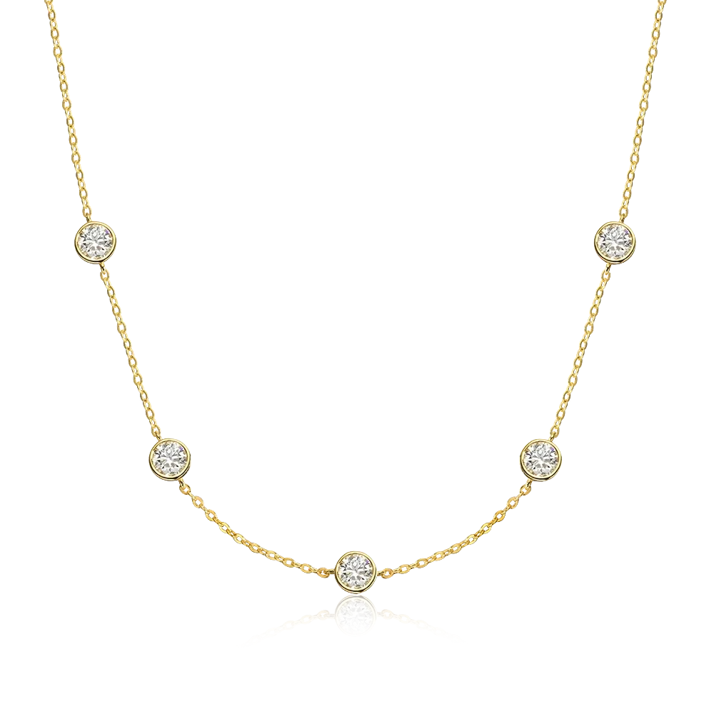 Bee-Bees gold plated 925 silver necklace with five round brilliant moissanite stones spaced along a delicate chain.