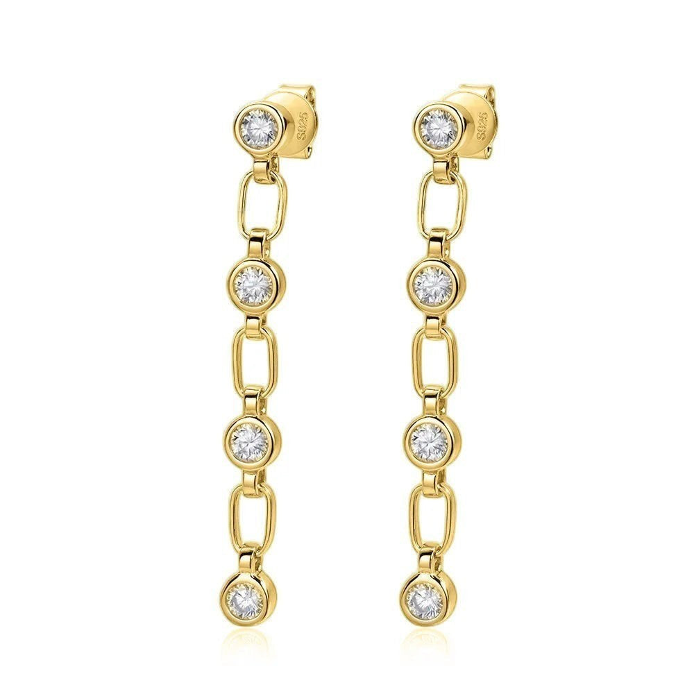 Bee-Bee's dainty gold plated S925 silver chain tassel earrings with 3mm moissanite stones.