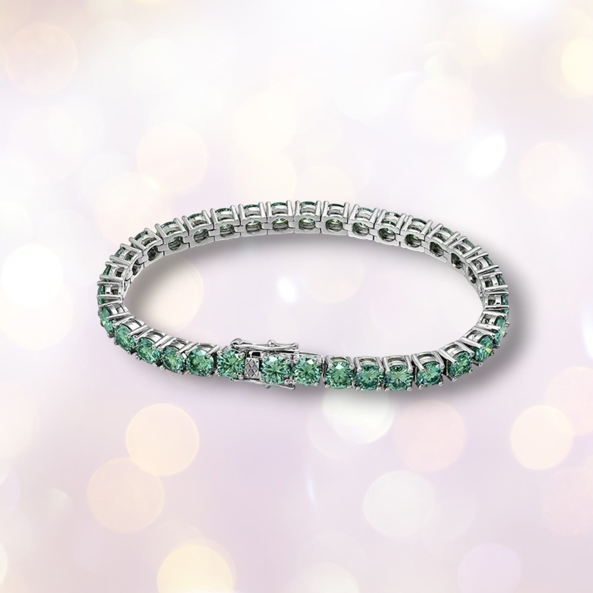 Bee-Bee's green moissanite tennis bracelet with s925 sterling silver and 18K gold plating. Features D color VVS1 clarity stones.