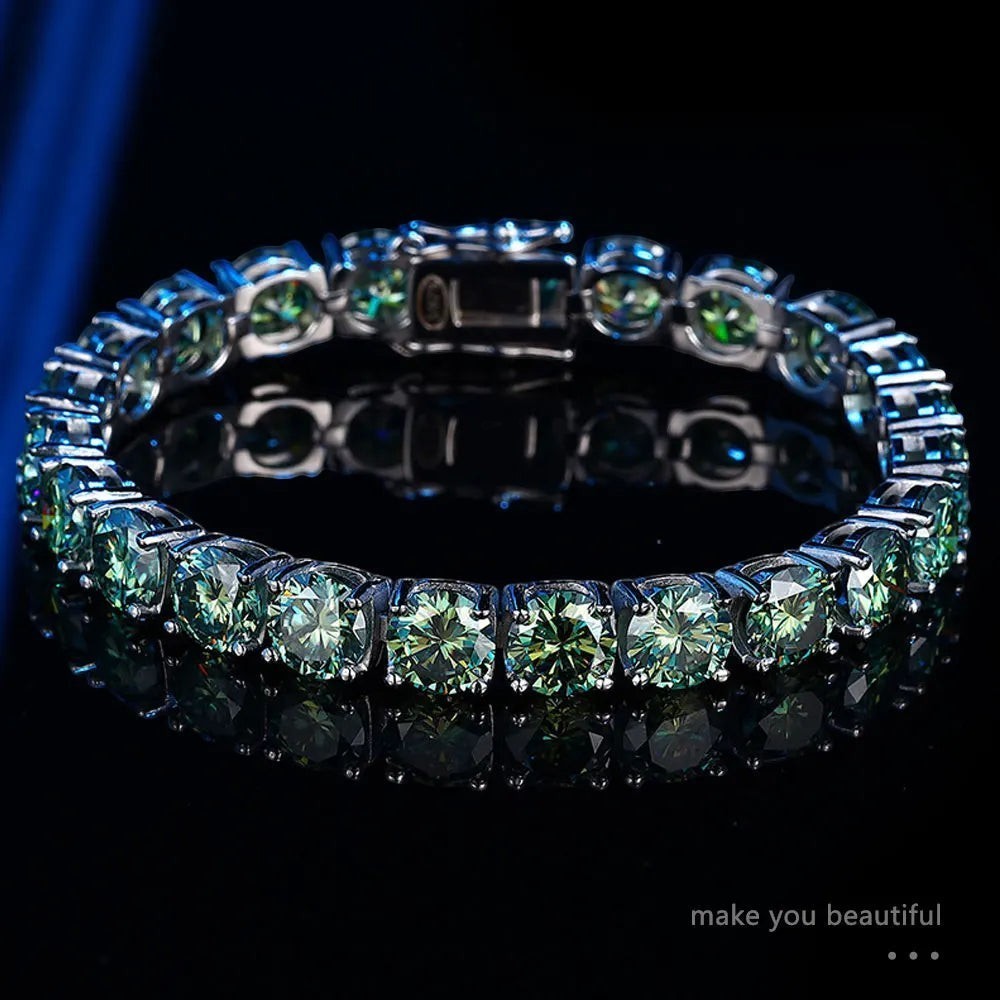 Bee-Bees green moissanite tennis bracelet with 18K gold plated s925 sterling silver and secure clasp. D Color, VVS1 clarity.