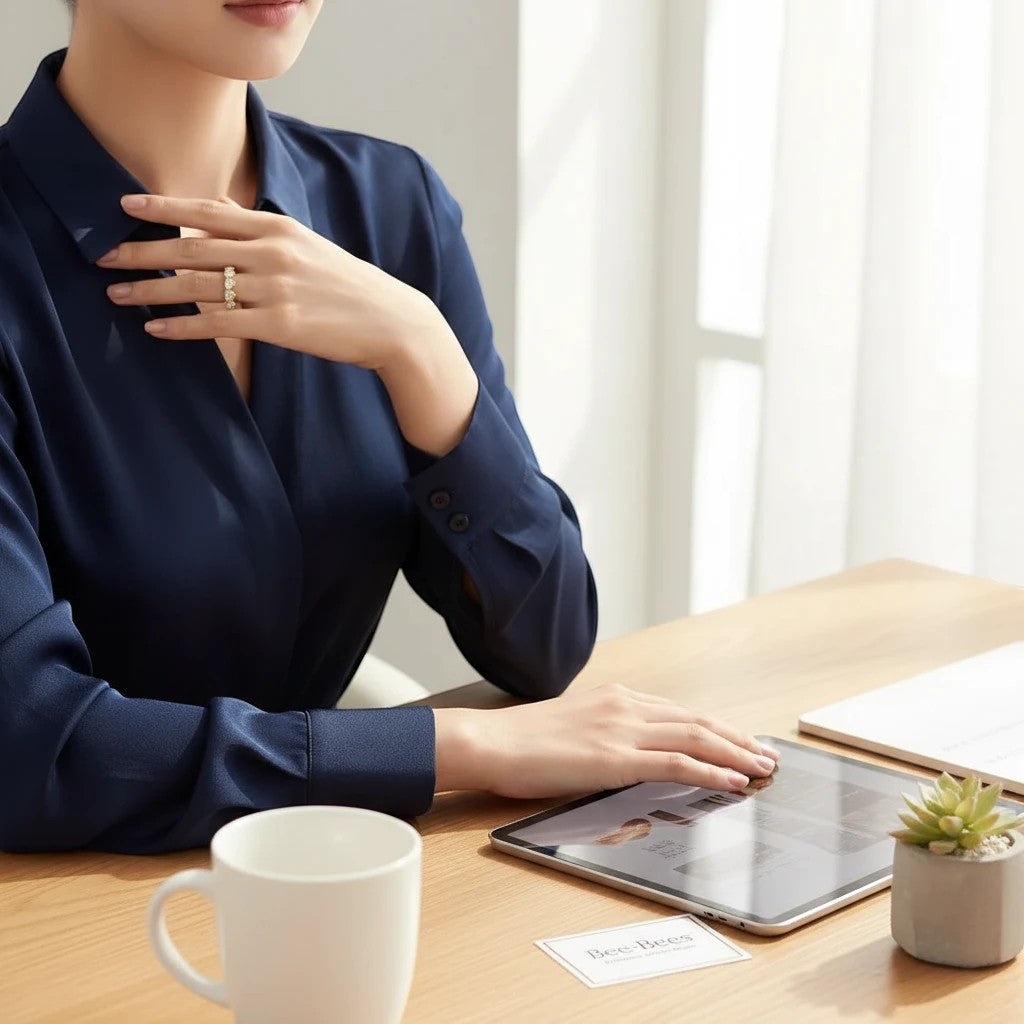 Bee-Bees heart cut moissanite ring in sterling silver worn by a woman in a navy blouse at a desk