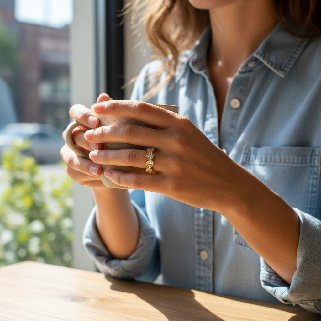 Bee-Bees heart cut moissanite ring in sterling silver worn by a woman holding a coffee mug near a window