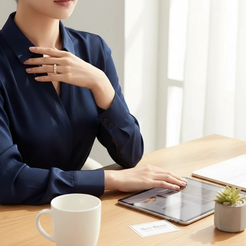 Bee-Bees heart cut moissanite ring in sterling silver worn by a woman in a navy blouse at a desk