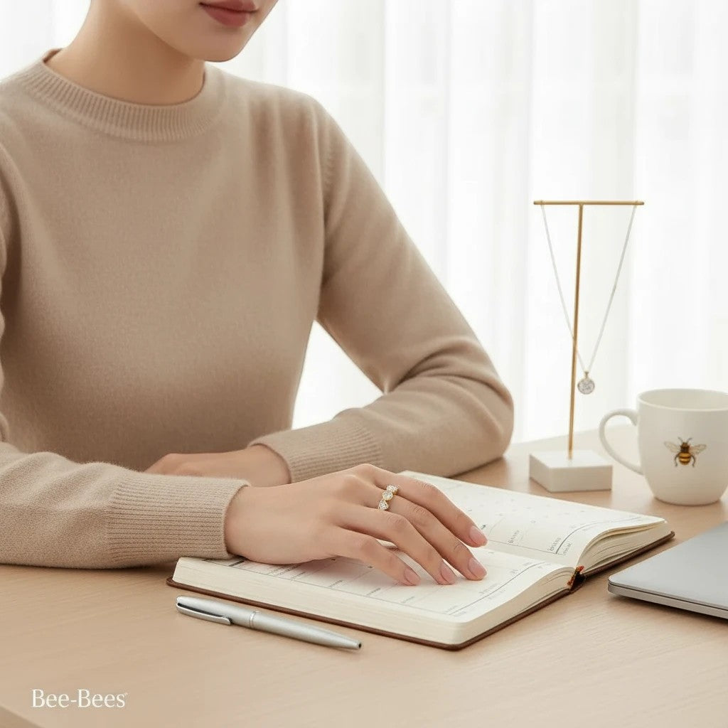 Bee-Bees heart cut moissanite ring in sterling silver worn by a woman writing in a planner at a desk.