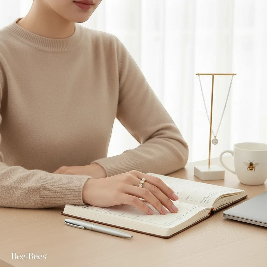 Bee-Bees heart cut moissanite ring in sterling silver worn by a woman writing in a planner at a desk.