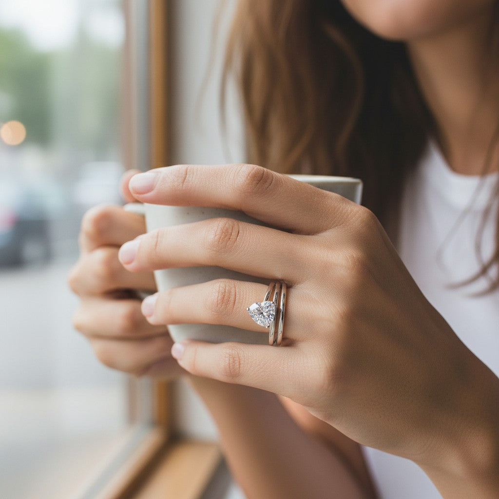 Bee-Bees 1ct heart cut moissanite spiral eternity ring in sterling silver worn on a woman's finger holding a mug