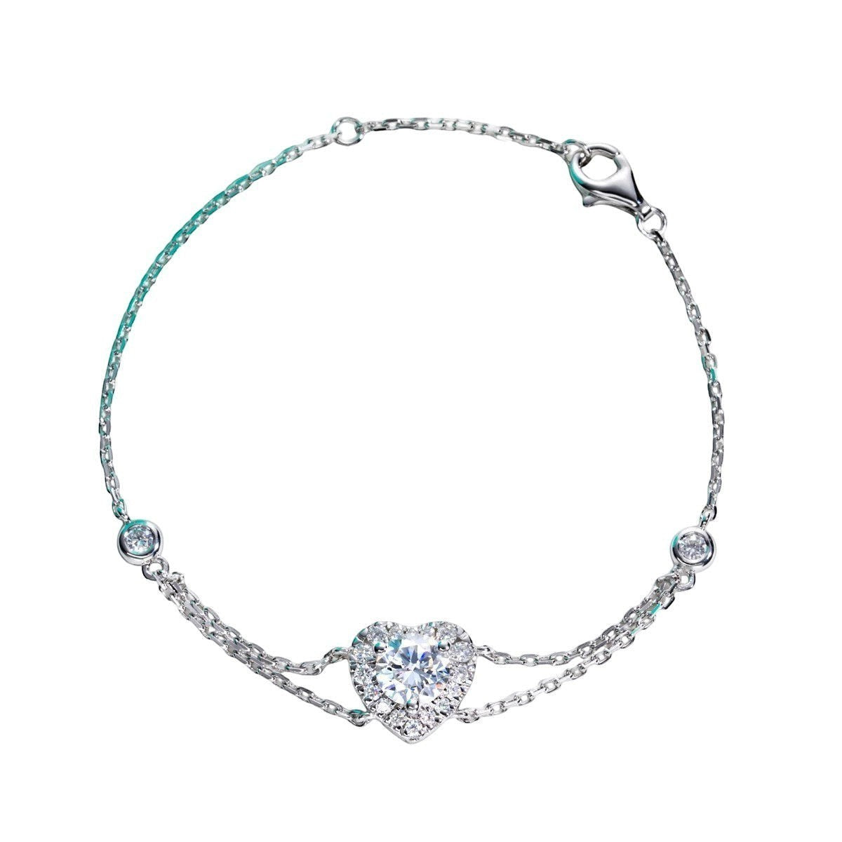 Bee-Bee's 1ct heart moissanite bracelet in sterling silver with 18k gold plating. Features a D VVS1 heart-shaped center stone and two accent stones.