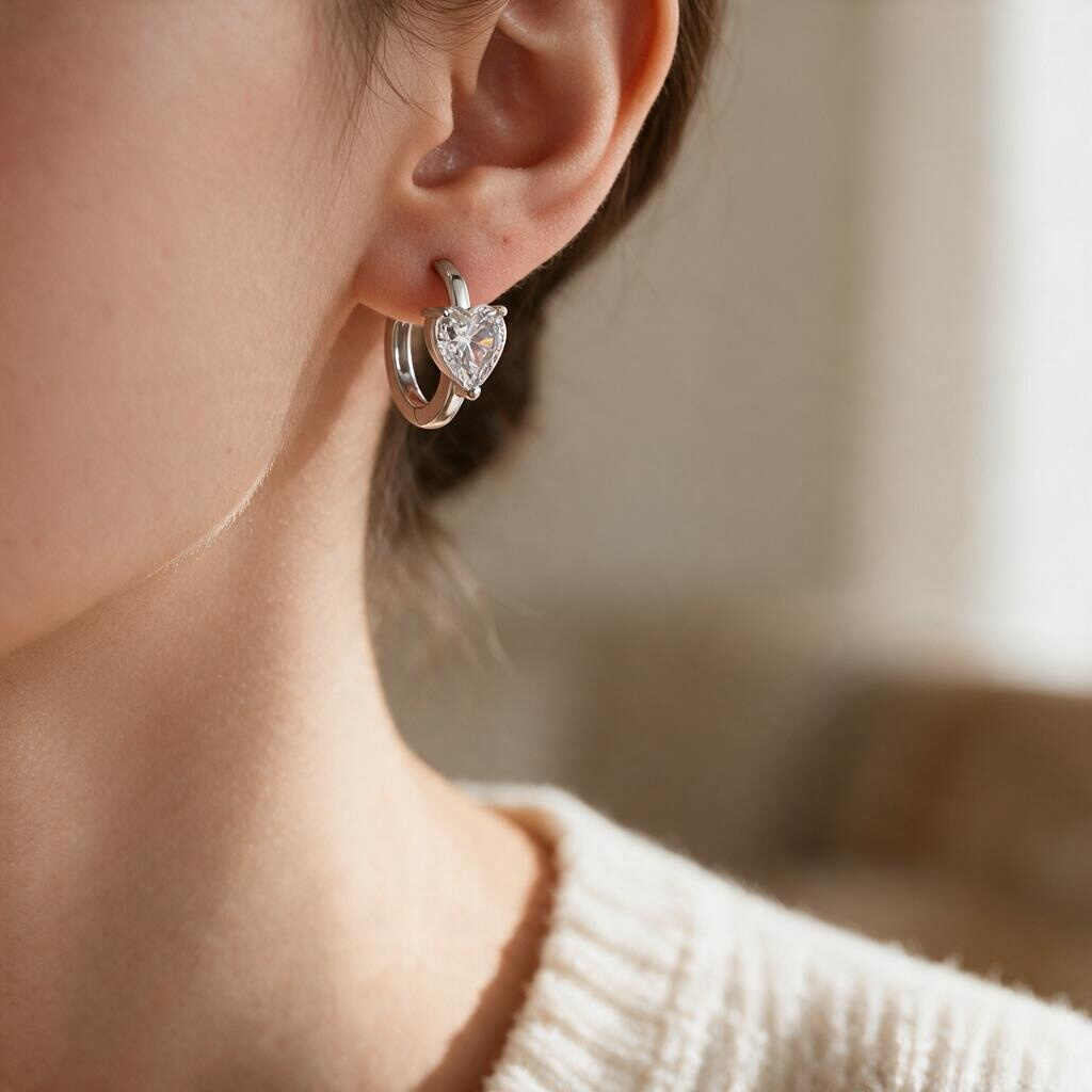 Bee-Bees 1CT heart-cut moissanite huggie hoop earrings in 925 sterling silver worn on a woman's ear