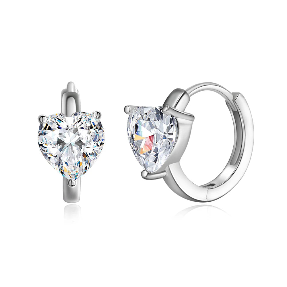 Bee-Bees 1CT heart-cut moissanite huggie hoop earrings in 925 sterling silver with 18K white gold plating.