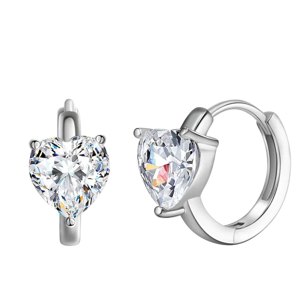 Bee-Bees 1CT heart-cut moissanite huggie hoop earrings in 925 sterling silver with 18K white gold plating.