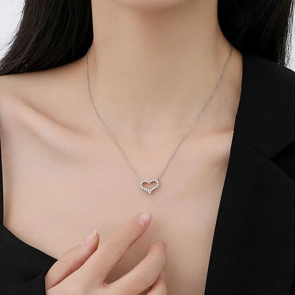 Bee-Bees open heart pendant necklace with clear moissanite stones on a silver chain, made of S925 sterling silver with 18k gold plating.