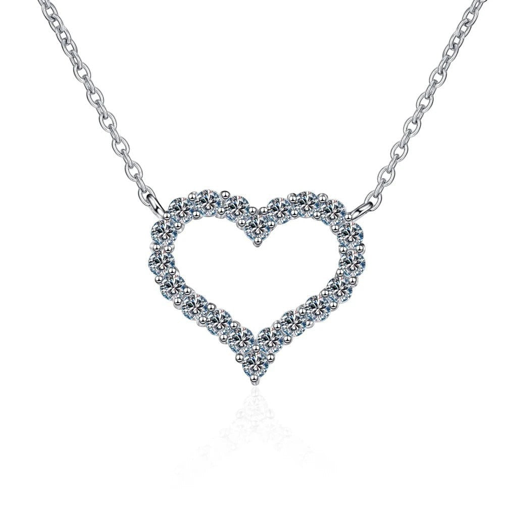Bee-Bees open heart pendant necklace with clear moissanite stones on a silver chain, S925 sterling silver with 18k gold plating.