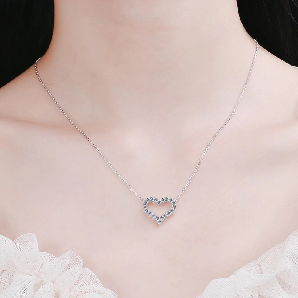 Bee-Bees silver heart pendant necklace with clear moissanite stones on a delicate chain, S925 sterling silver