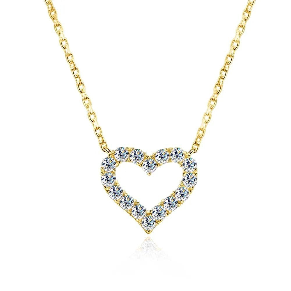 Bee-Bees gold plated S925 sterling silver necklace with a heart-shaped pendant encrusted with clear moissanite stones.