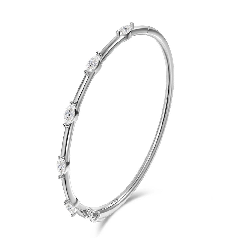 Bee-Bee's 18k white gold plated sterling silver bangle with 5 marquise-cut moissanite stones.