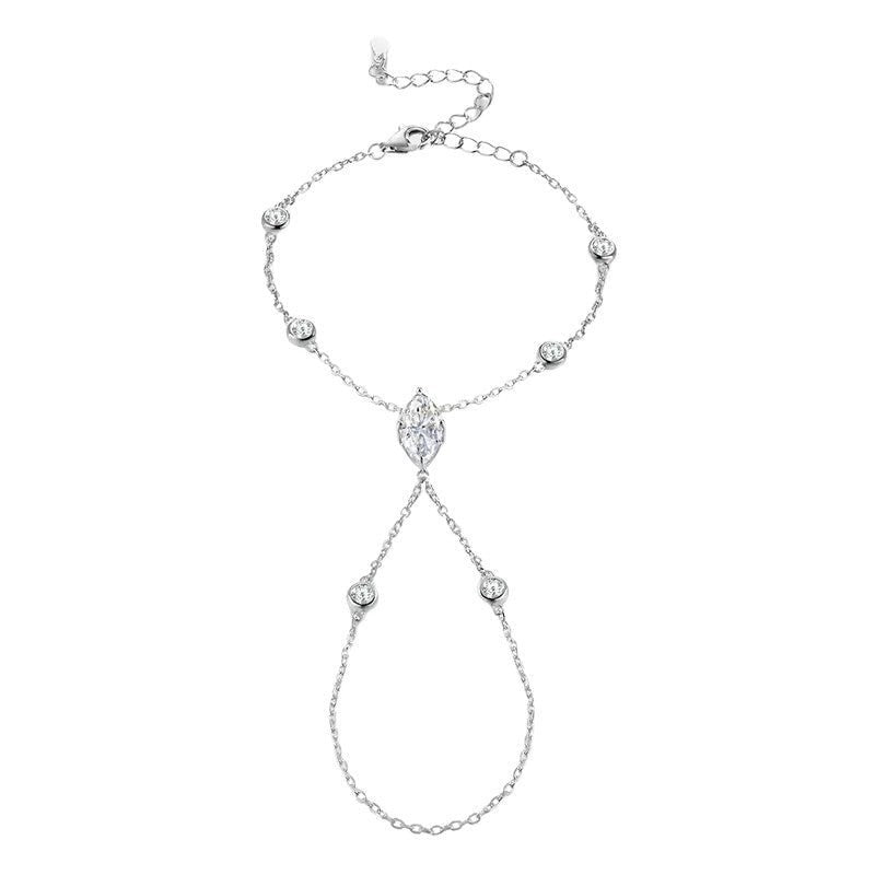 Bee-Bees s925 Sterling Silver hand chain bracelet with marquise cut moissanite and round accent stones.