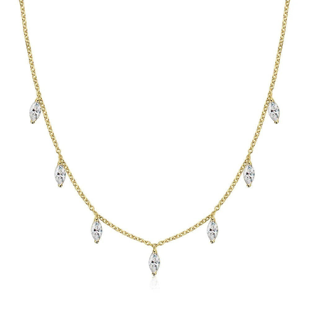 Bee-Bees gold sterling silver necklace with multiple marquise cut moissanite charms