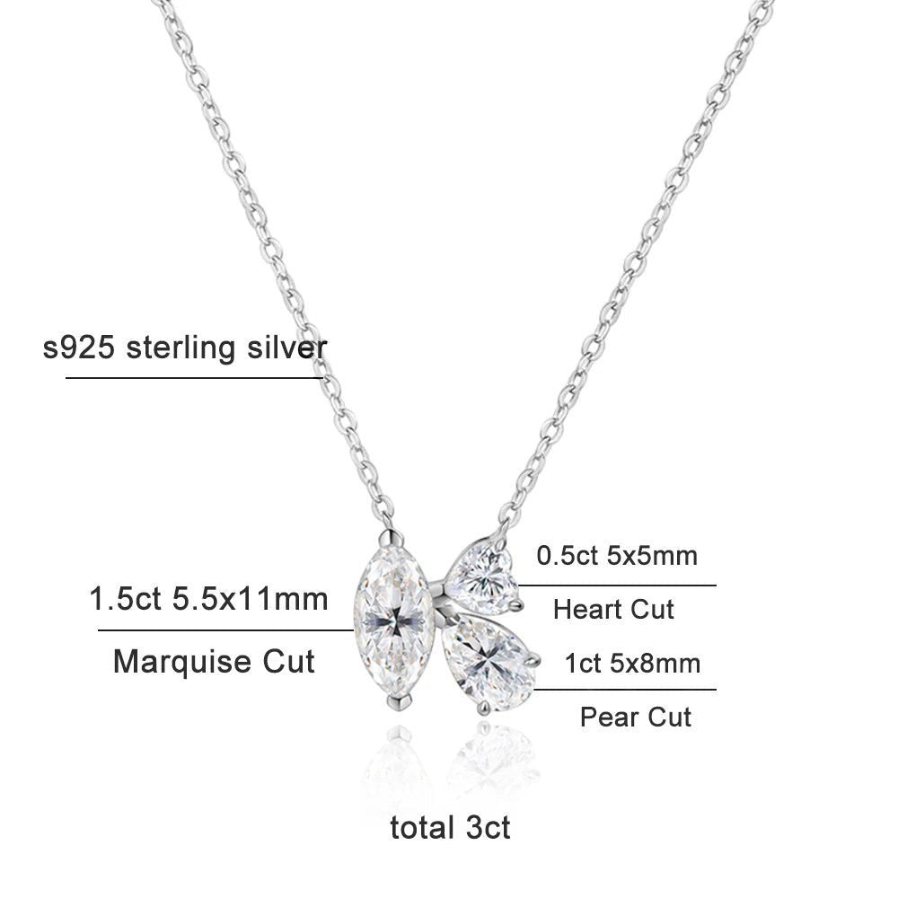 Bee-Bees 1.5ct Marquise Cut Moissanite Necklace in sterling silver with heart and pear cut stones. Total 3ct.