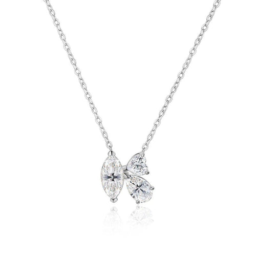 Bee-Bees silver necklace with a cluster of three clear marquise-cut moissanite stones.