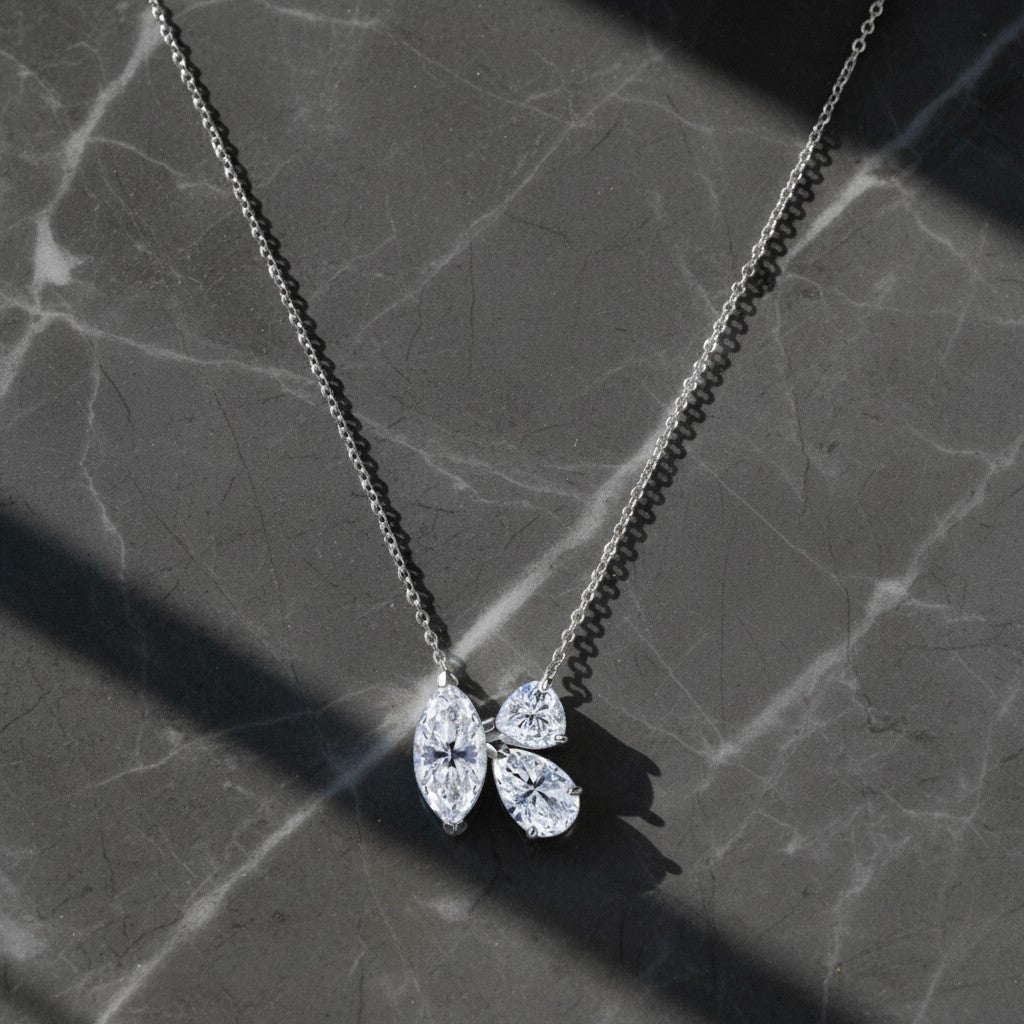 Bee-Bees 1.5ct Marquise & Pear Cut Moissanite Necklace in Sterling Silver. D Color, VVS1 clarity.