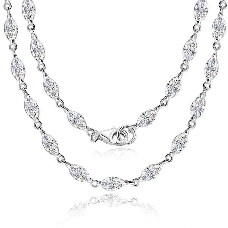 Bee-Bees Marquise moissanite tennis necklace in 925 silver with D color VVS1 stones and 18k gold plating.