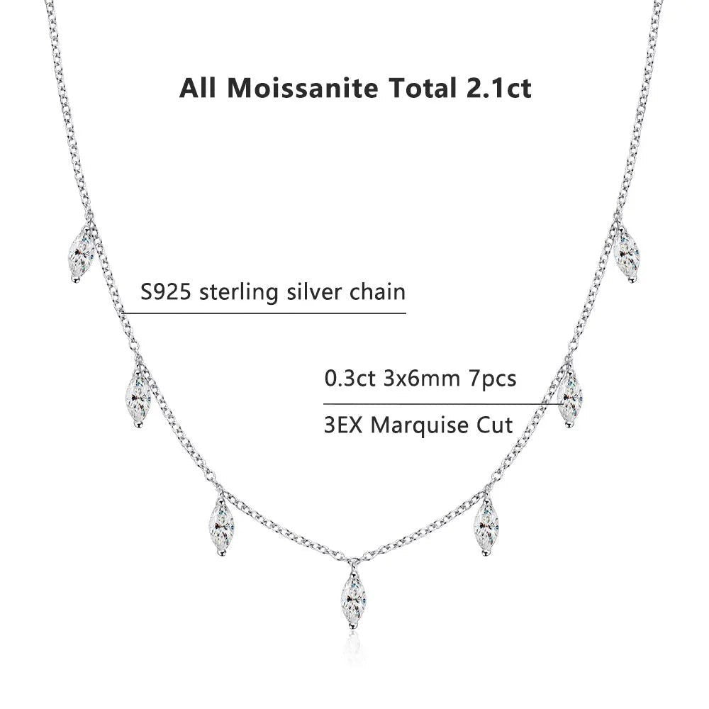 Bee-Bees sterling silver necklace with 7 marquise-cut moissanite stones, 0.3ct each, D color, VVS1 clarity.