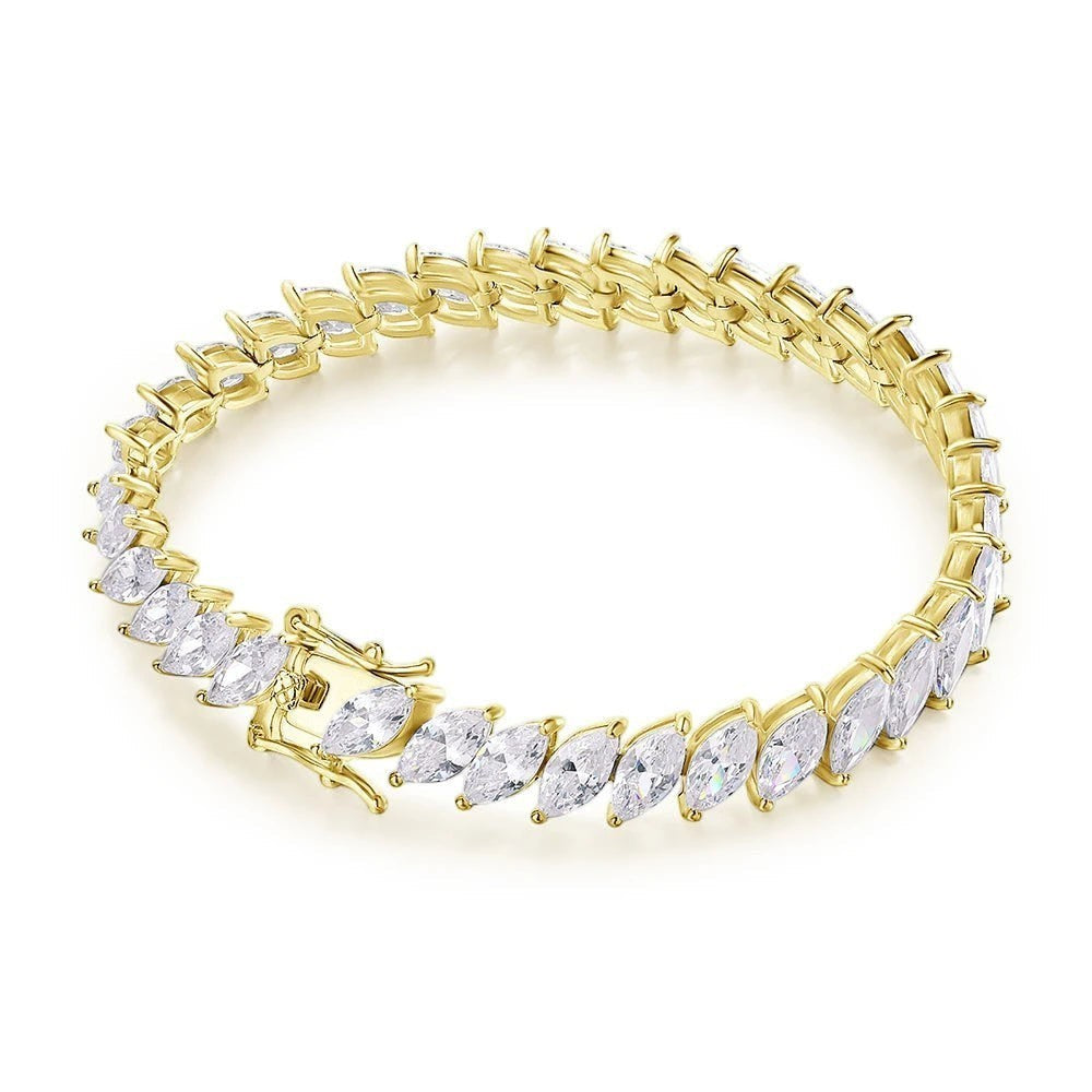 Bee-Bee's 0.5ct Marquise cut moissanite tennis bracelet in gold-plated sterling silver with VVS1 clarity.