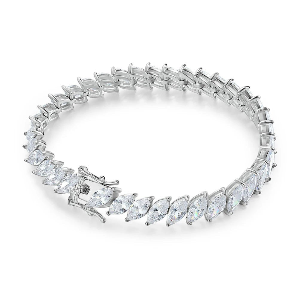 Bee-Bee's silver tennis bracelet with 0.5ct marquise cut moissanite stones, VVS1 clarity, 18k gold plating.