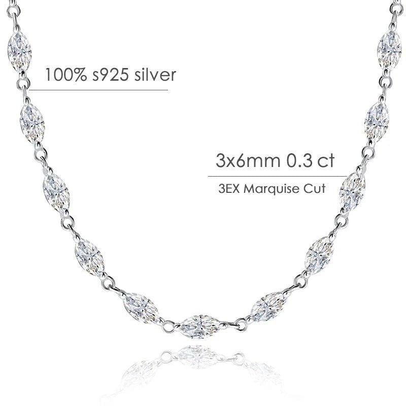 Bee-Bees Marquise moissanite tennis necklace in 925 silver with 3x6mm D color VVS1 stones.