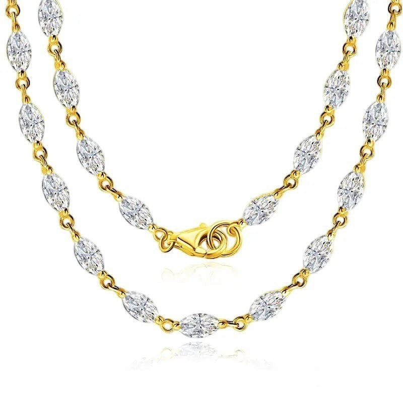 Bee-Bees Marquise Moissanite Tennis Necklace with D Color VVS1 stones and 18k gold plated 925 silver.