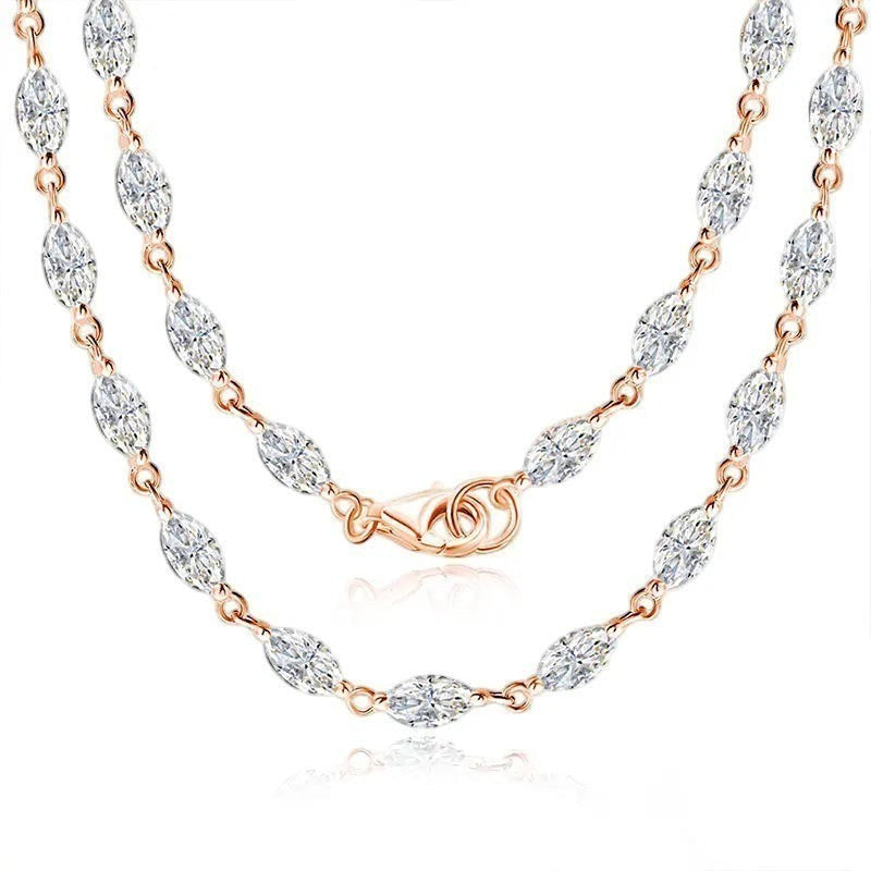 Bee-Bees rose gold plated sterling silver necklace with marquise cut moissanite stones, D color, VVS1 clarity.