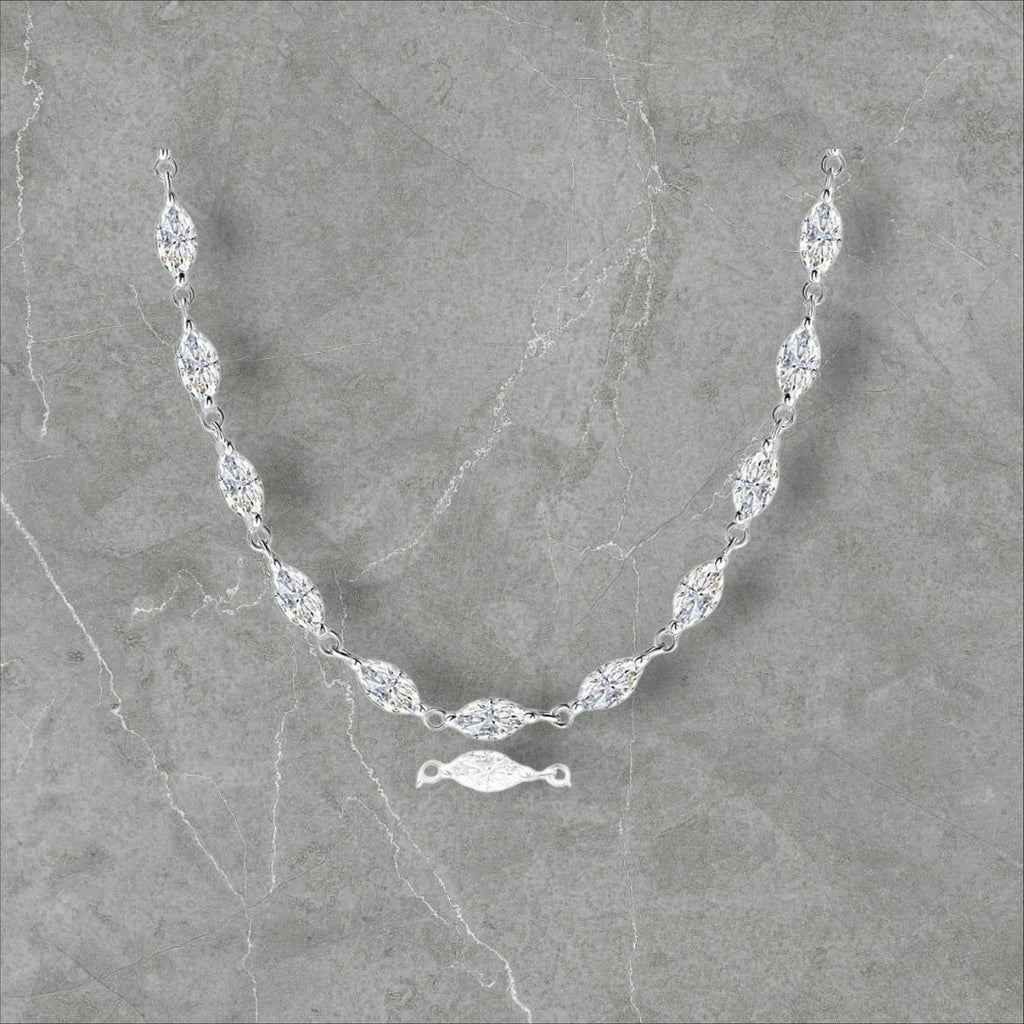 Bee-Bees silver tennis necklace with marquise cut moissanite stones, 3x6mm, D color, VVS1 clarity, GRA certified.