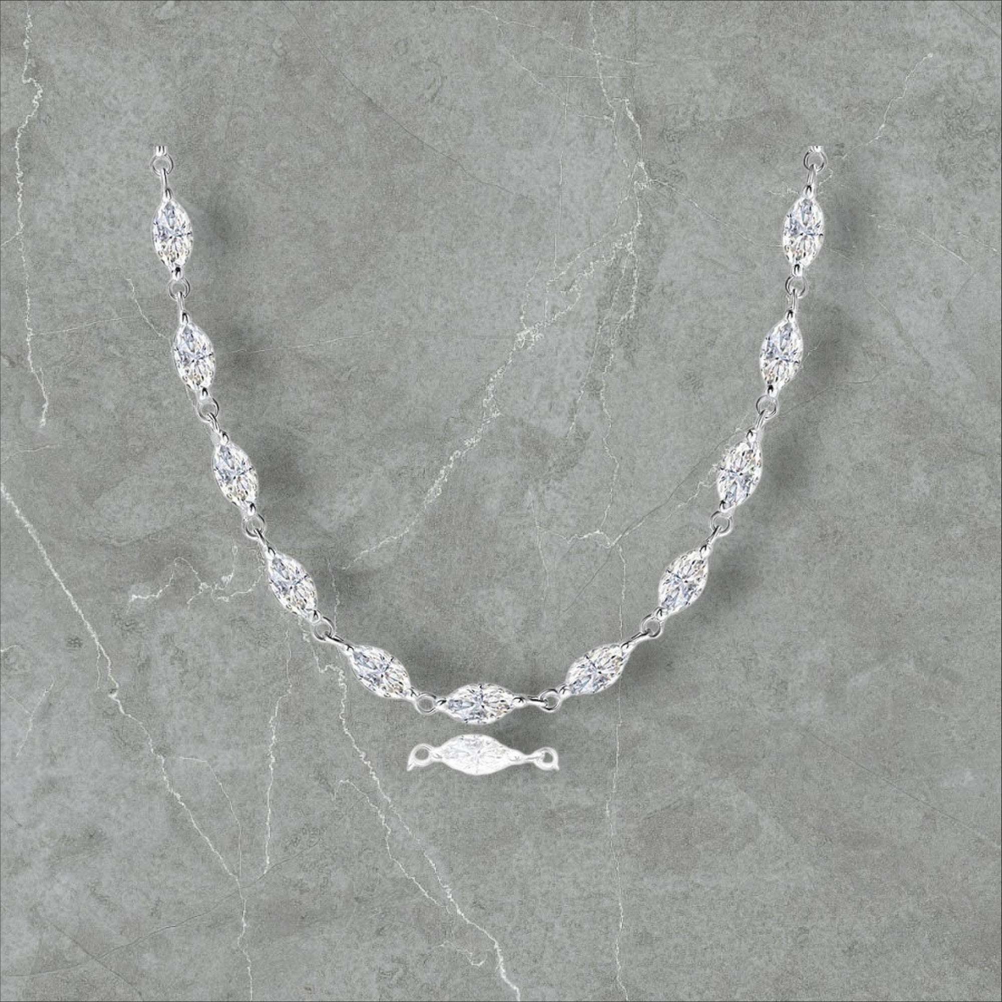 Bee-Bees silver tennis necklace with marquise cut moissanite stones, 3x6mm, D color, VVS1 clarity, GRA certified.