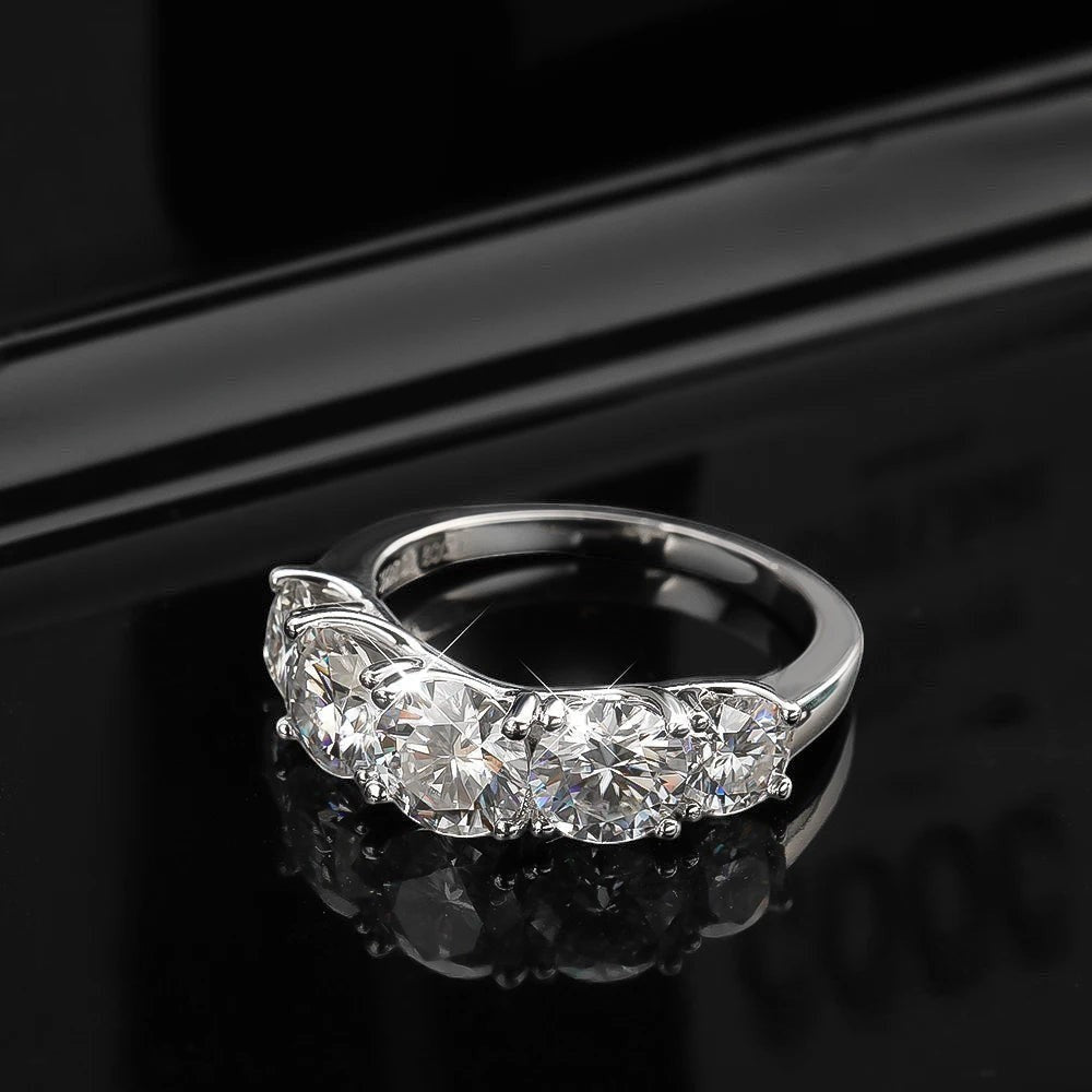 Bee-Bees 3.6ctw D Color Moissanite 5-Stone Band in sterling silver with 18k white gold plating. GRA Certified.