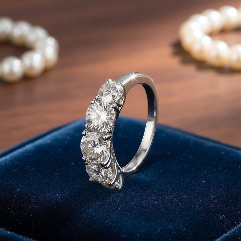 Bee-Bees 3.6ctw D Color Moissanite 5-Stone Band in sterling silver with 18k white gold plating. GRA Certified.