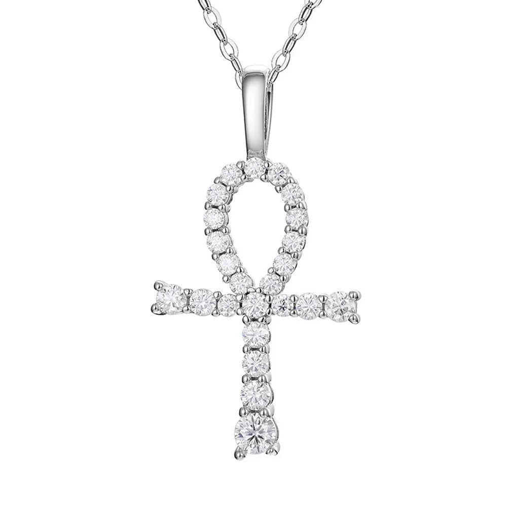Bee-Bees sterling silver ankh pendant necklace with D Color VVS1 moissanite stones and a rope chain.