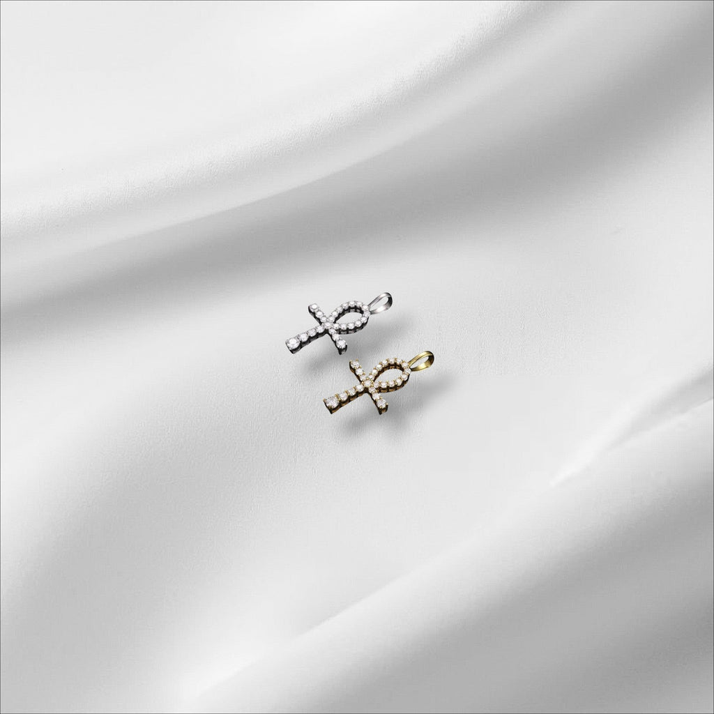 Bee-Bees Moissanite ankh pendant necklace in 925 silver and gold plated, covered in D Color VVS1 stones.