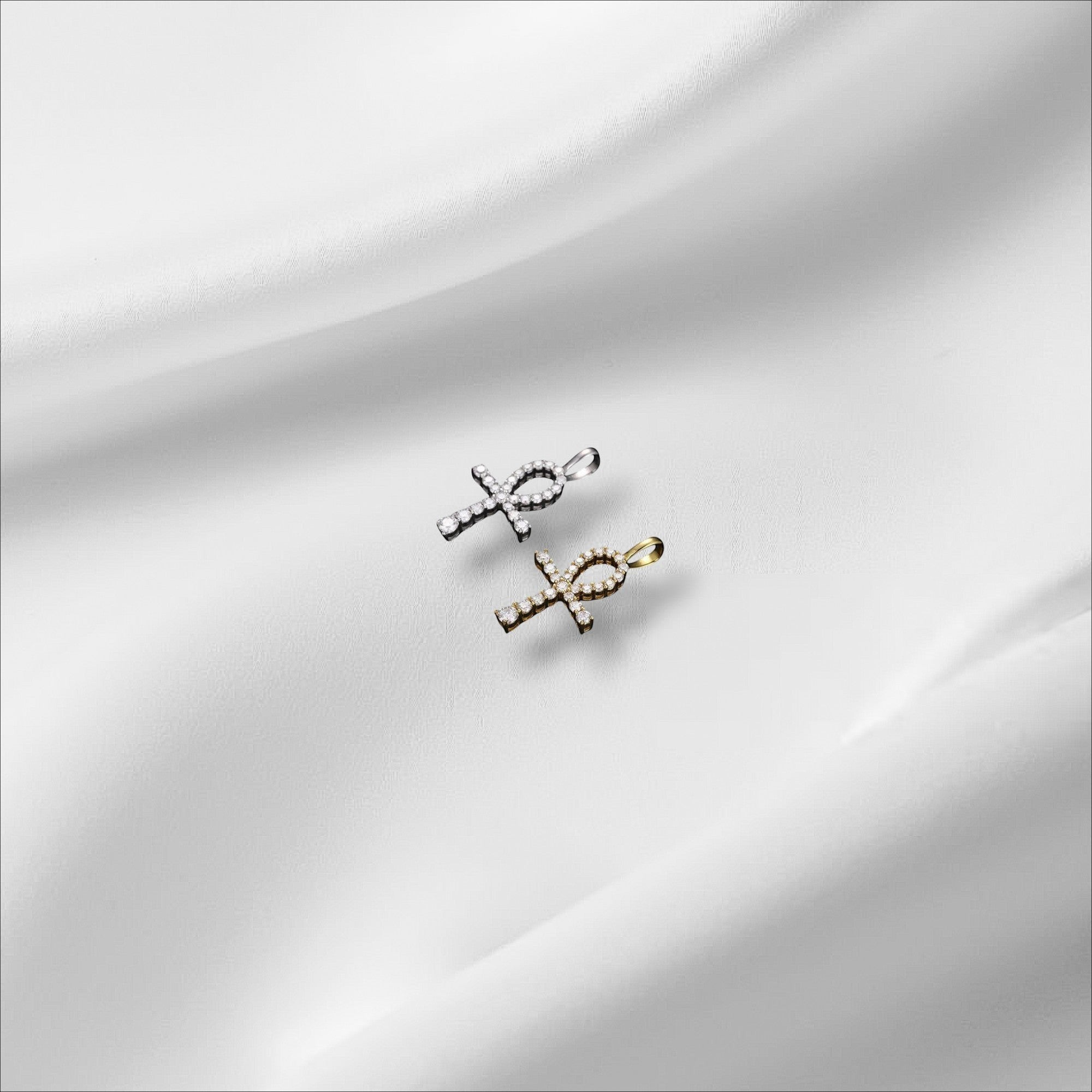 Bee-Bees Moissanite ankh pendant necklace in 925 silver and gold plated, covered in D Color VVS1 stones.