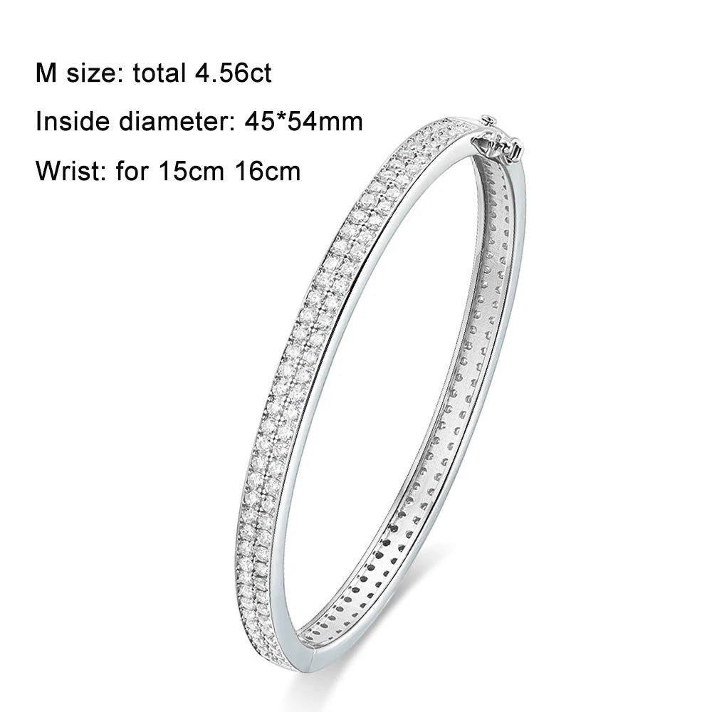 Bee-Bee's sterling silver bangle with 2mm D VVS1 moissanite stones, 18K gold plated, 6mm wide, waterproof.