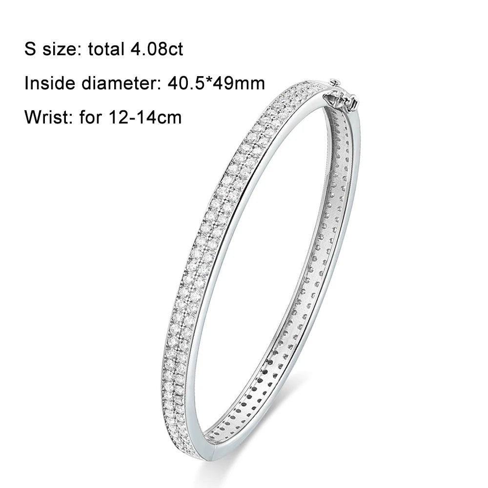 Bee-Bees sterling silver bangle with full row of 2mm D VVS1 moissanite stones, 18K gold plated, 6mm wide.