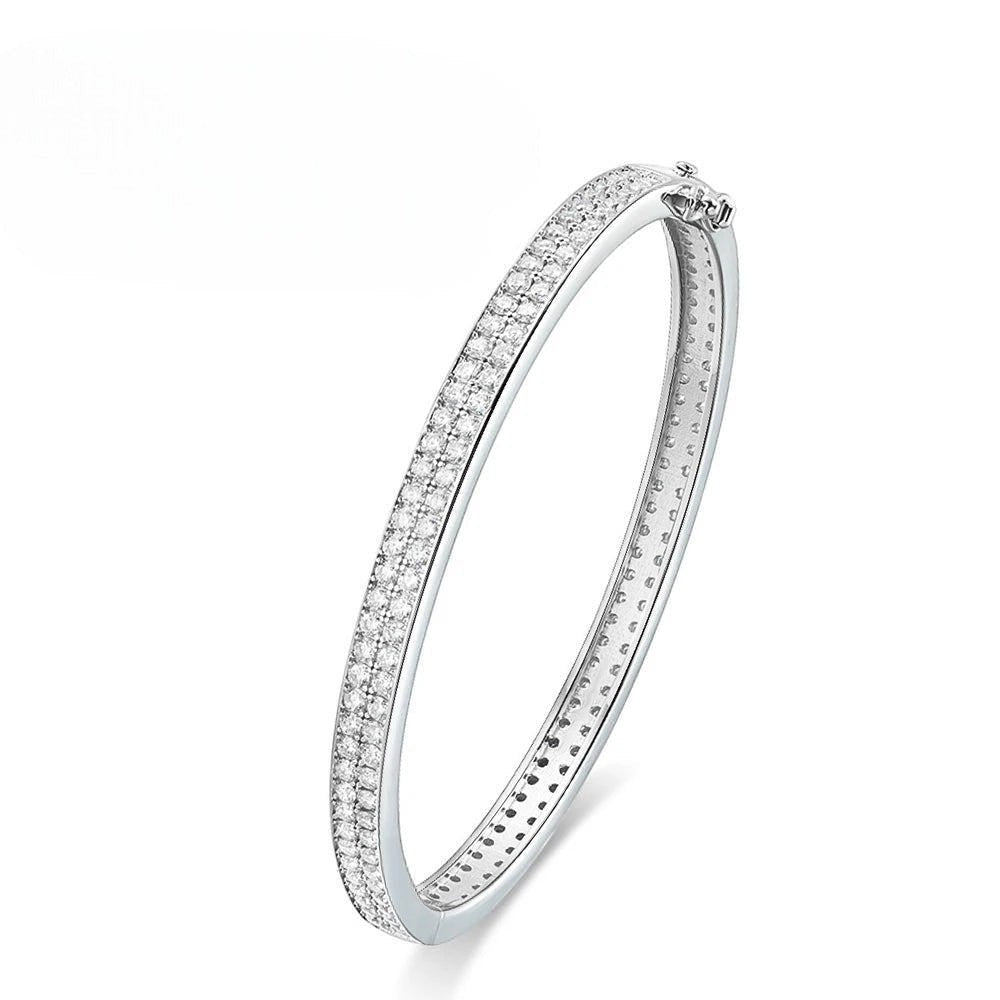 Bee-Bee's sterling silver bangle with 2mm D VVS1 Moissanite stones, 18K gold plated, 6mm wide, GRA certified.