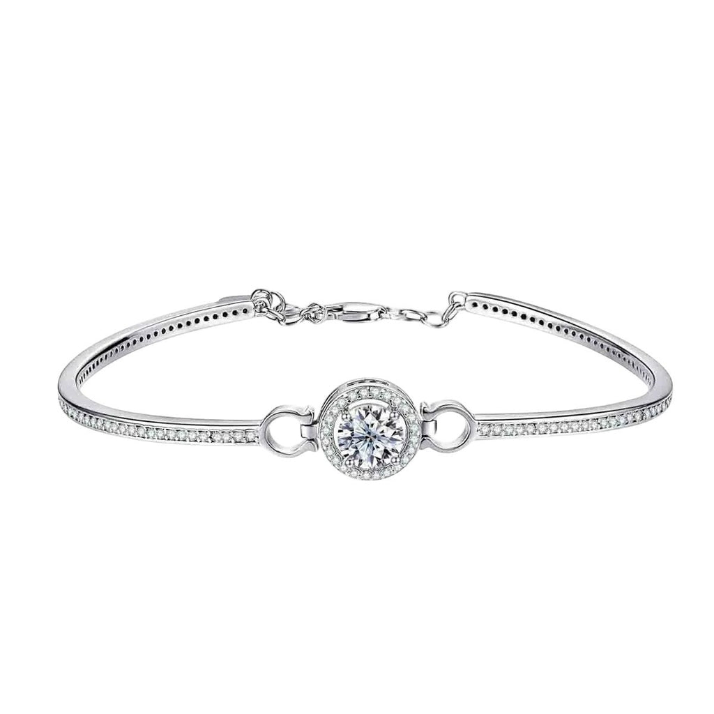 Bee-Bees 1ct Moissanite adjustable bangle in sterling silver with 18k white gold plating and halo setting.