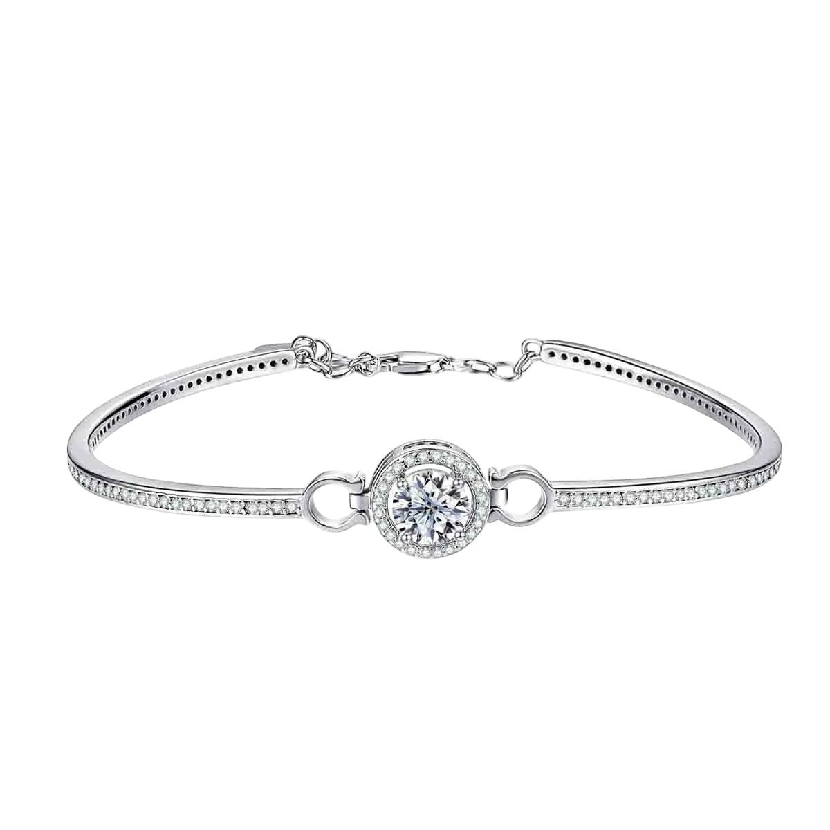 Bee-Bees 1ct Moissanite adjustable bangle in sterling silver with 18k white gold plating and halo setting.