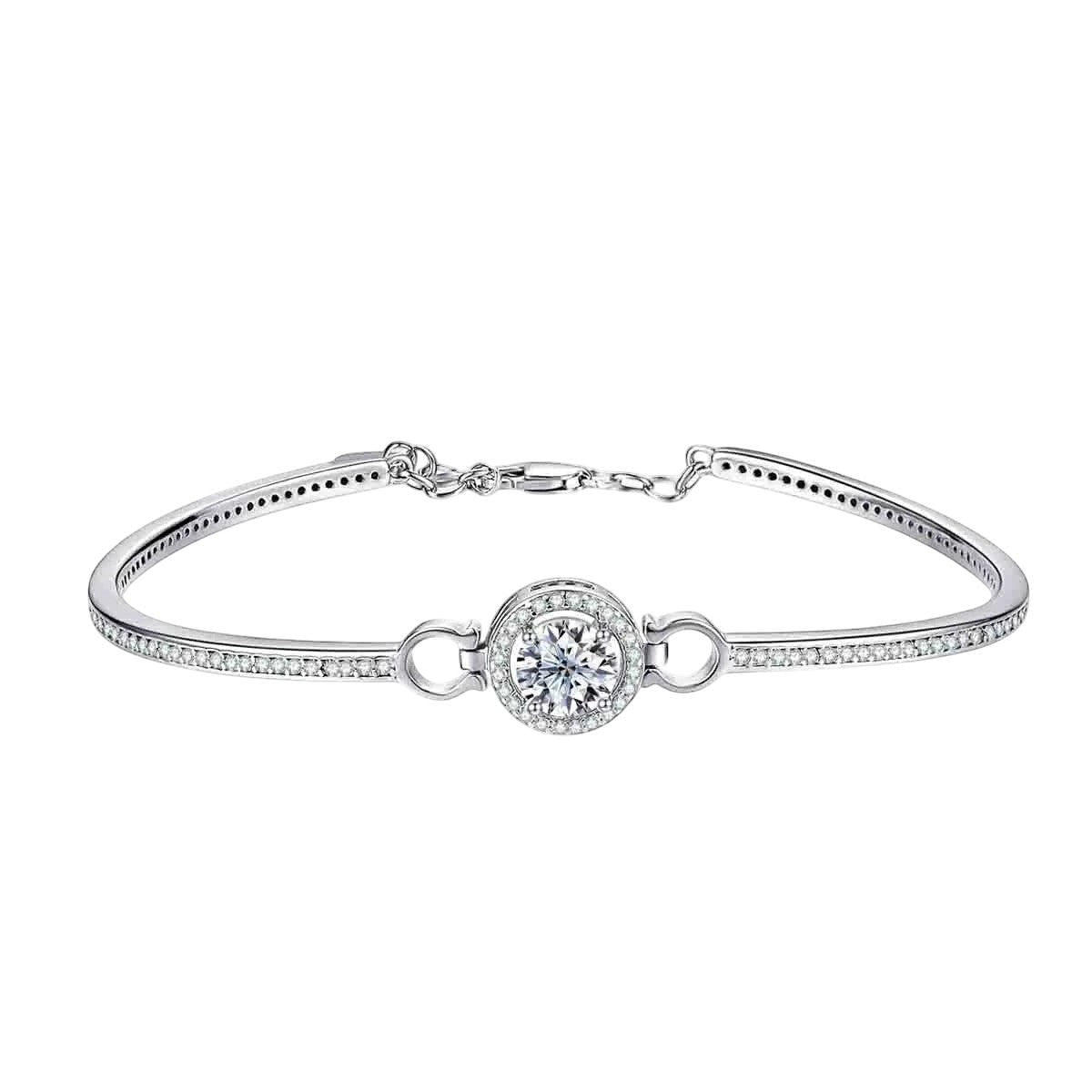 Bee-Bees 1ct Moissanite adjustable bangle in sterling silver with 18k white gold plating and halo setting.