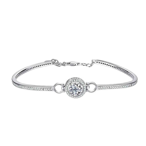 Bee-Bees 1ct Moissanite adjustable bangle in sterling silver with 18k white gold plating and halo setting.