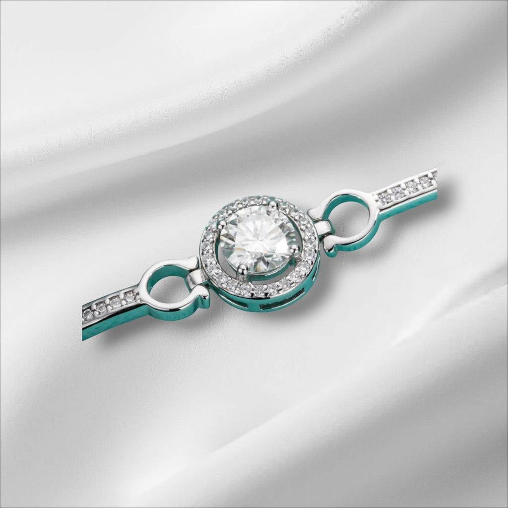 Bee-Bees 1ct Moissanite adjustable bangle in sterling silver with 18k white gold plating and D color stone.