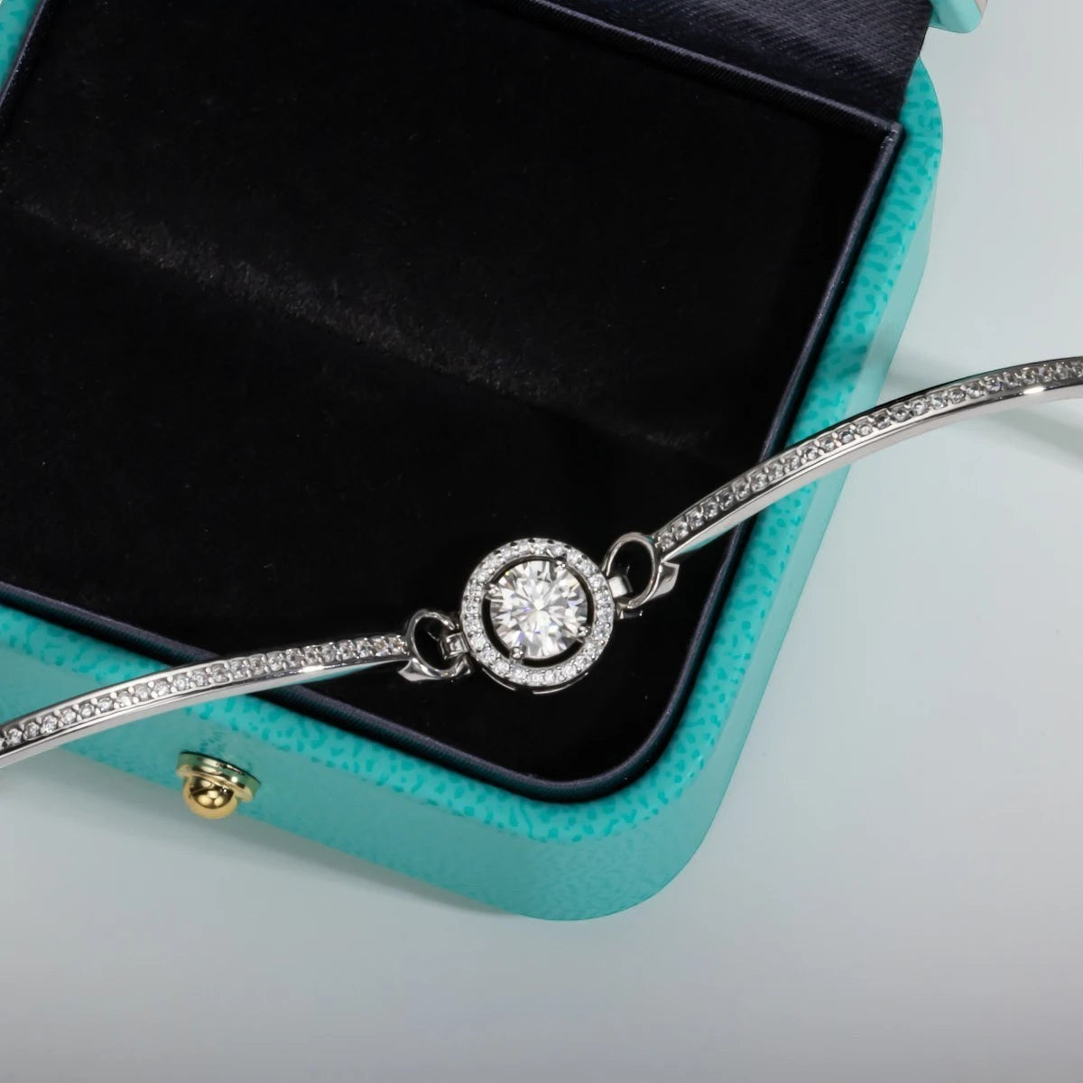 Bee-Bees 1ct Moissanite adjustable bangle in sterling silver with 18k white gold plating and D-color stone.