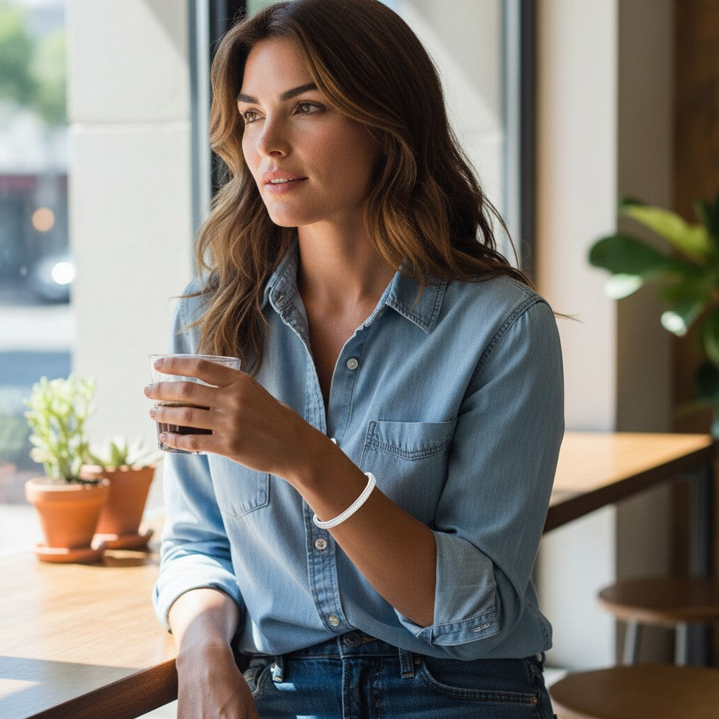 Bee-Bees full diamond moissanite bangle in sterling silver worn by a woman in a denim shirt at a cafe window