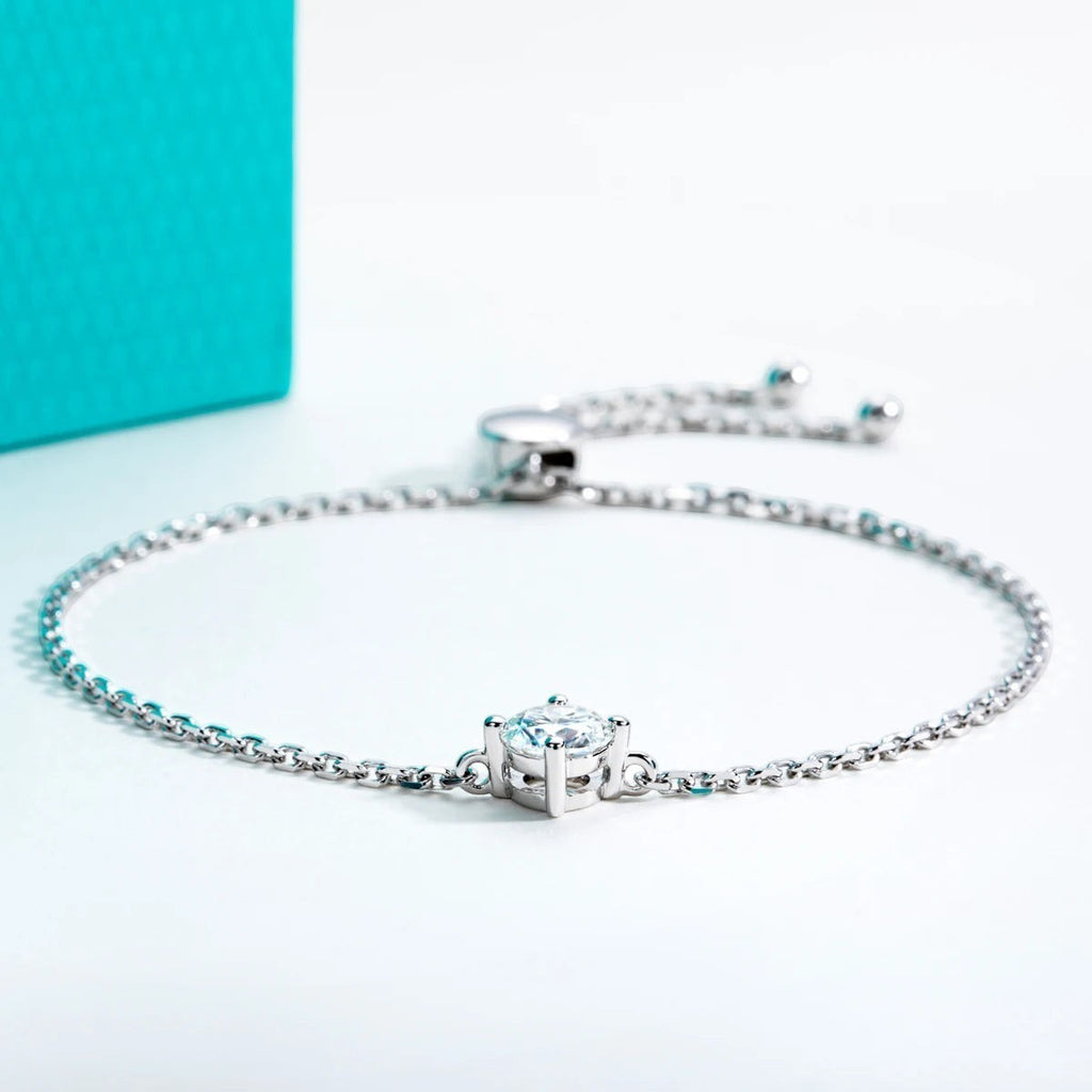 Bee-Bees 1ct round cut moissanite bracelet in s925 sterling silver with 18k gold plating, adjustable chain, GRA certified.